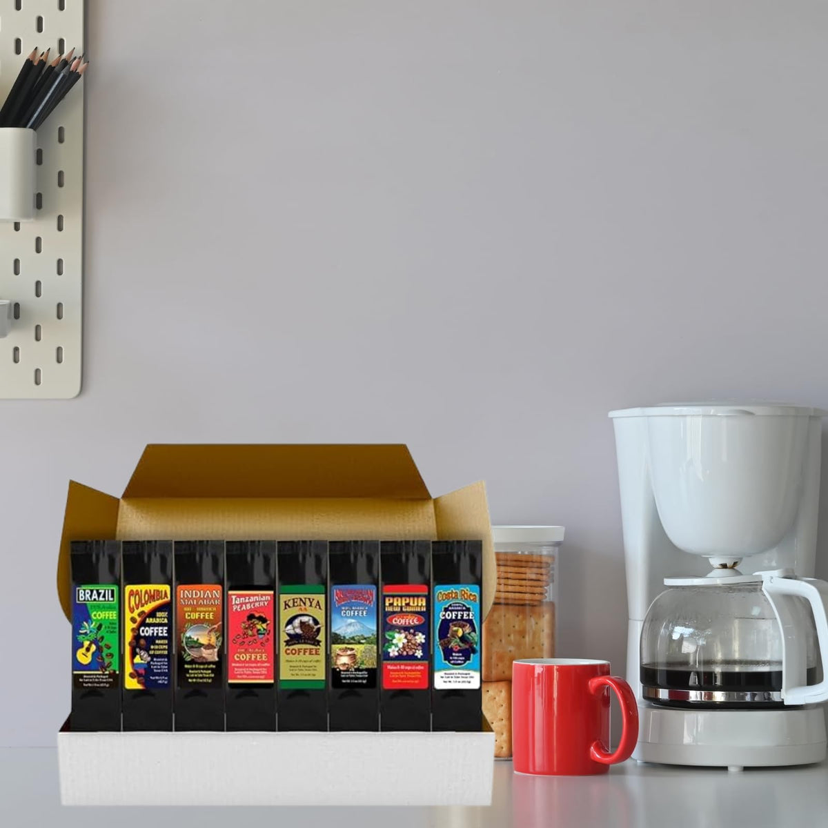 Eight single-origin coffees displayed for a globe-trotting tasting
