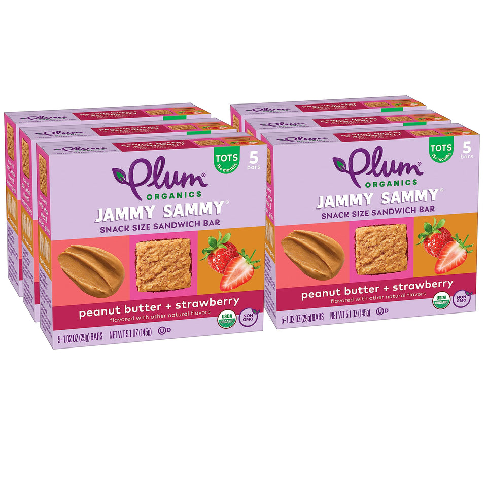 Plum Organics Jammy Sammy bar front packaging for easy grab-and-go toddler snack.