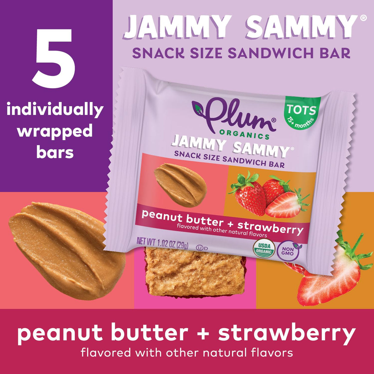 Six-box multi-pack of Plum Organics Jammy Sammy bars.
