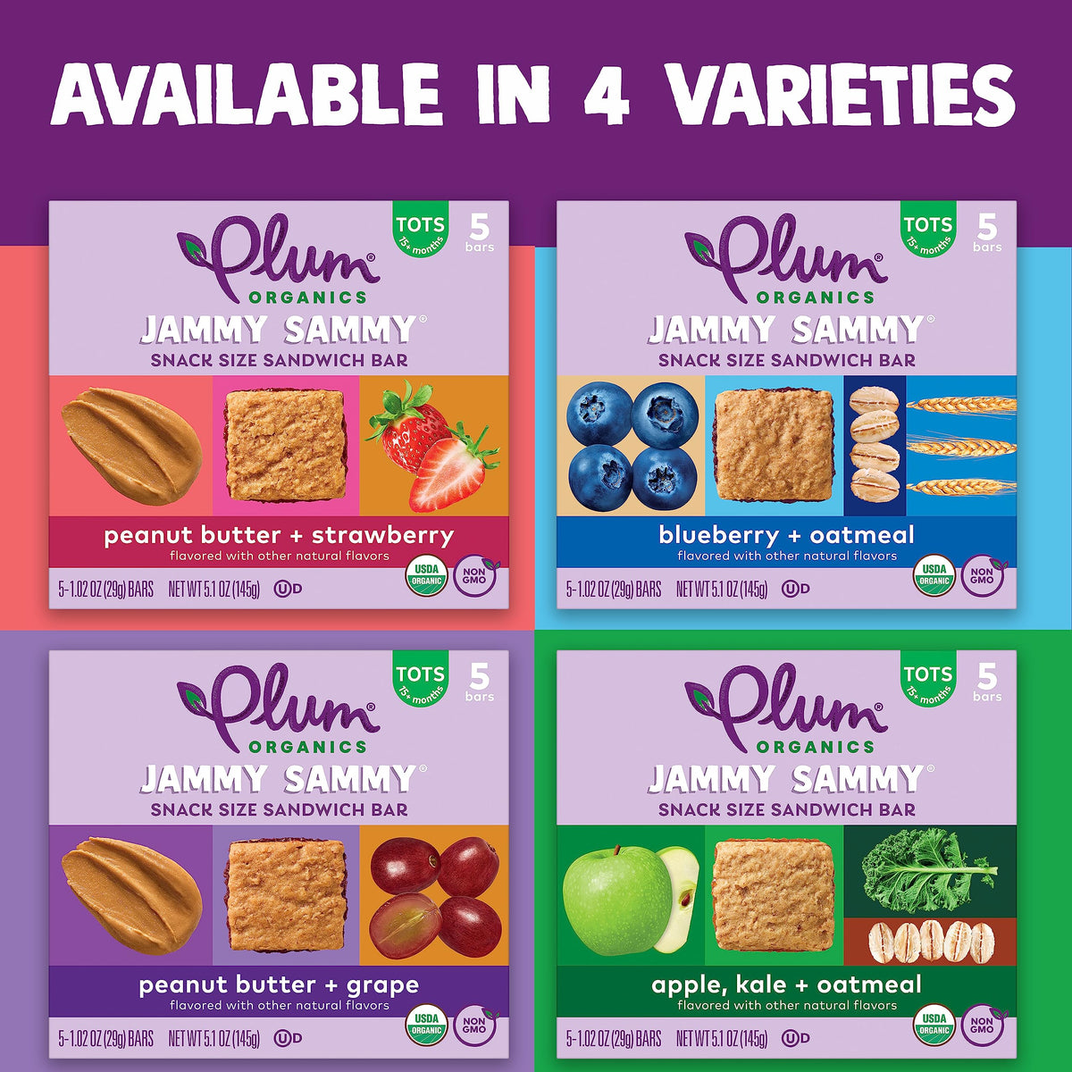 Ingredients panel showing organic oats and whole grains in Jammy Sammy.