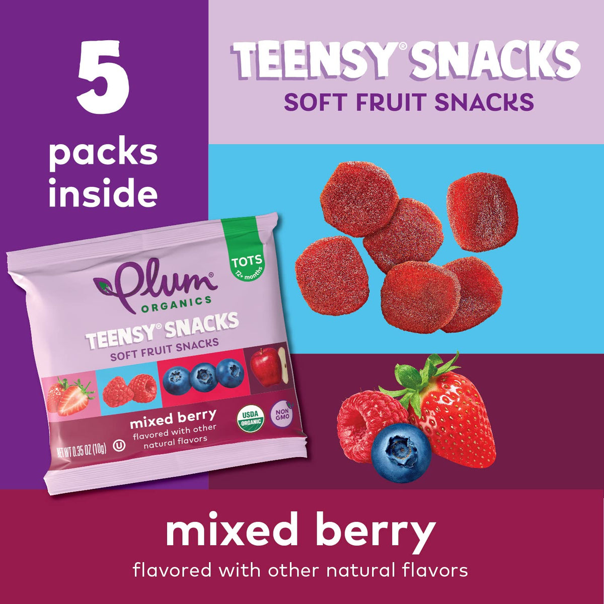 Plum Organics Teensy Snacks berry pouch; convenient on-the-go option for little eaters.