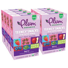 Plum Organics Teensy Snacks berry puffed quinoa pack, soft bite for little mouths.