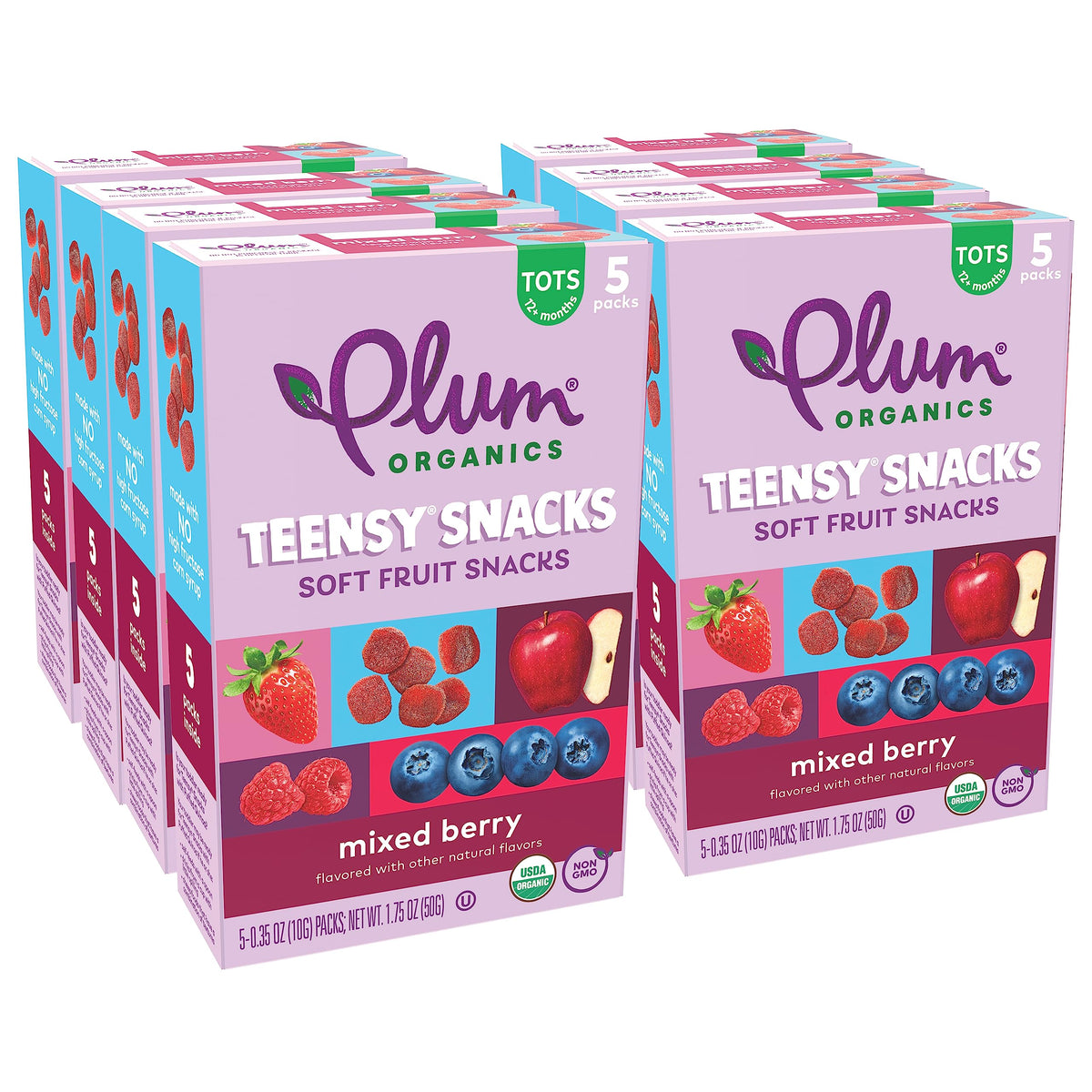 Plum Organics Teensy Snacks mixed berry pouch; soft bite supports easy munching for toddlers.