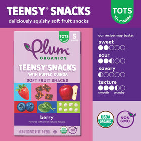 Plum Organics Teensy Snacks on-the-go pouches, easy for small hands to grab.