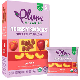 Plum Organics Teensy Snacks Peach pack front, ideal on-the-go snack for toddlers.