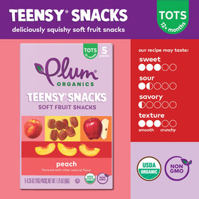 Pouch open reveals soft fruit content, easy-tear design for tiny hands.