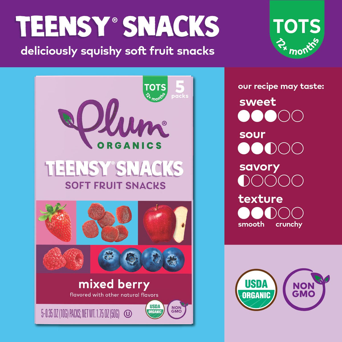 Plum Organics Teensy Snacks peach pouch; natural flavors for quick independent bites.