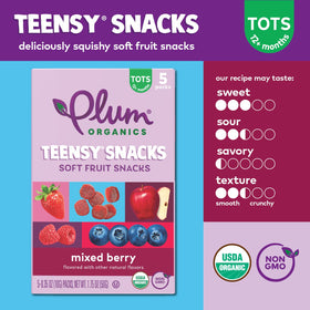 Plum Organics Teensy Snacks peach pouch; natural flavors for quick independent bites.