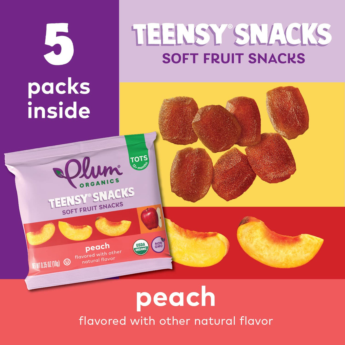 Teensy Snacks Peach pouches on-the-go, small and soft for independent eating.