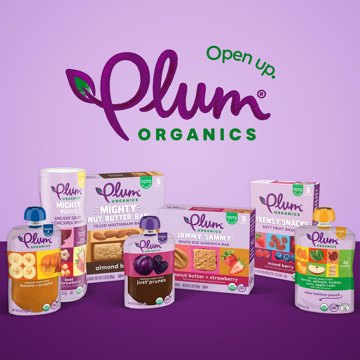 USDA Organic certified and Non-GMO Teensy Snacks in every pouch.