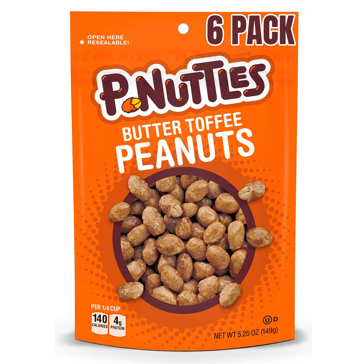 P-Nuttles Butter Toffee Peanuts bag in a six-pack for on-the-go snacking.