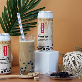Pocas brown sugar milk tea in a can, inviting warm aroma and flavor.