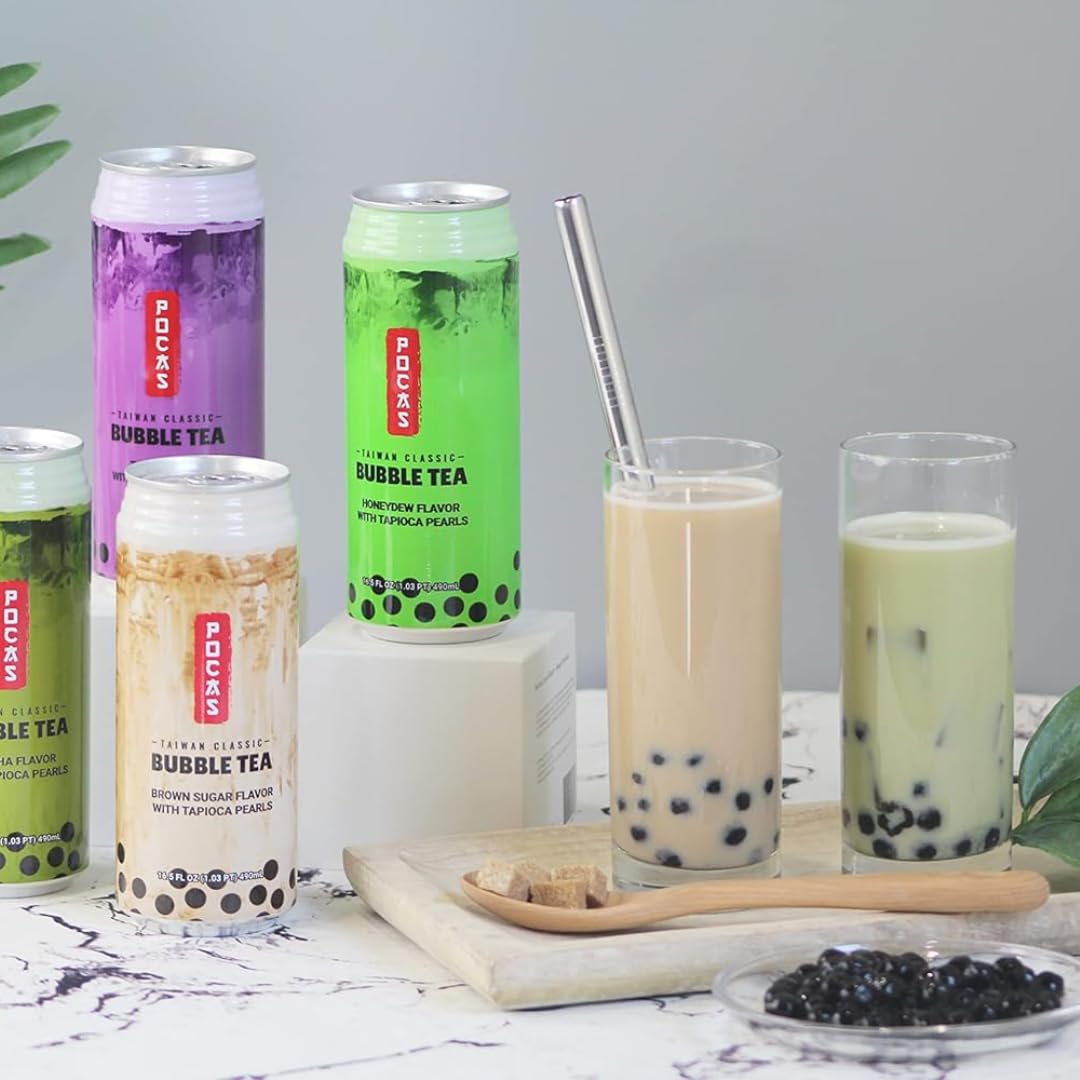 Pocas bubble tea packaging highlights four-pack value and portability.