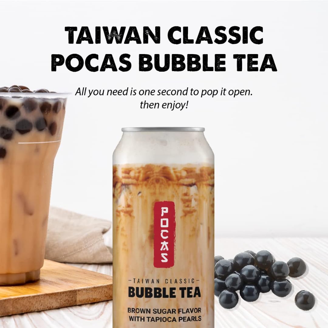 Pocas Bubble Tea can shown with ice emphasizes refreshing serving options.