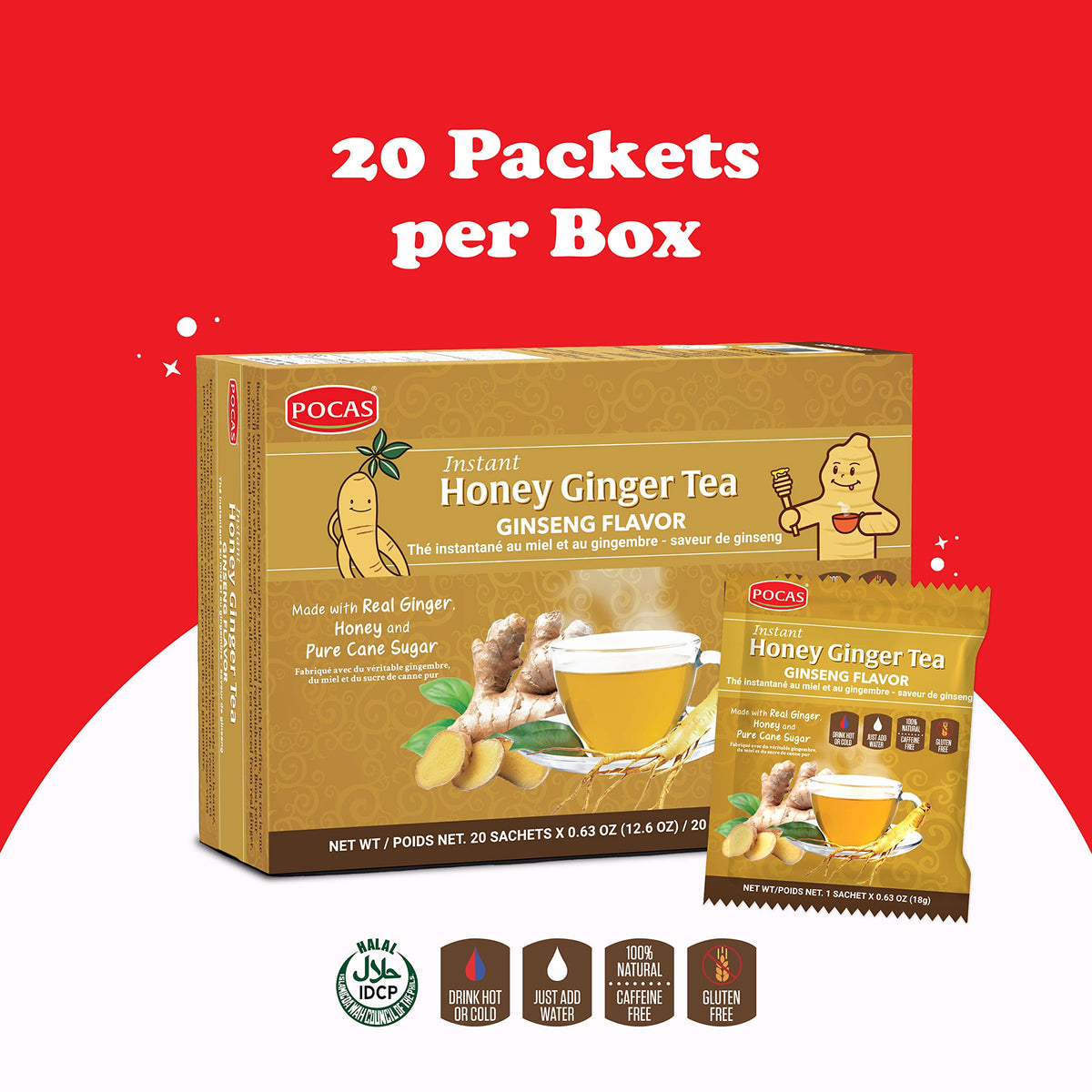 Pocas tea packets with ginseng label ready to brew