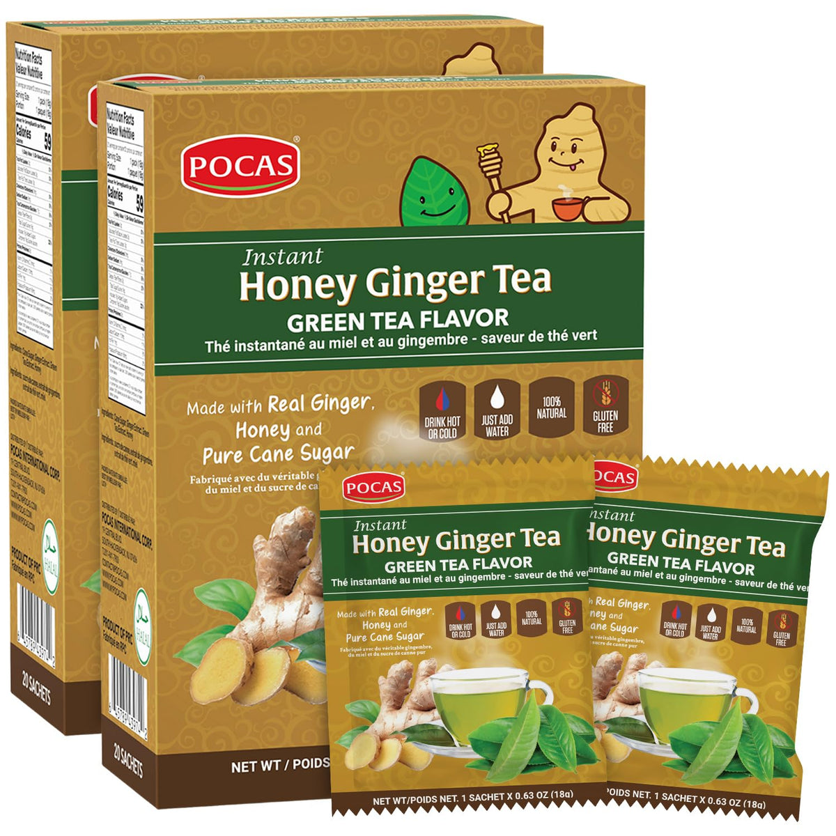 Pocas Honey Ginger Tea Crystals box for quick, comforting cups.