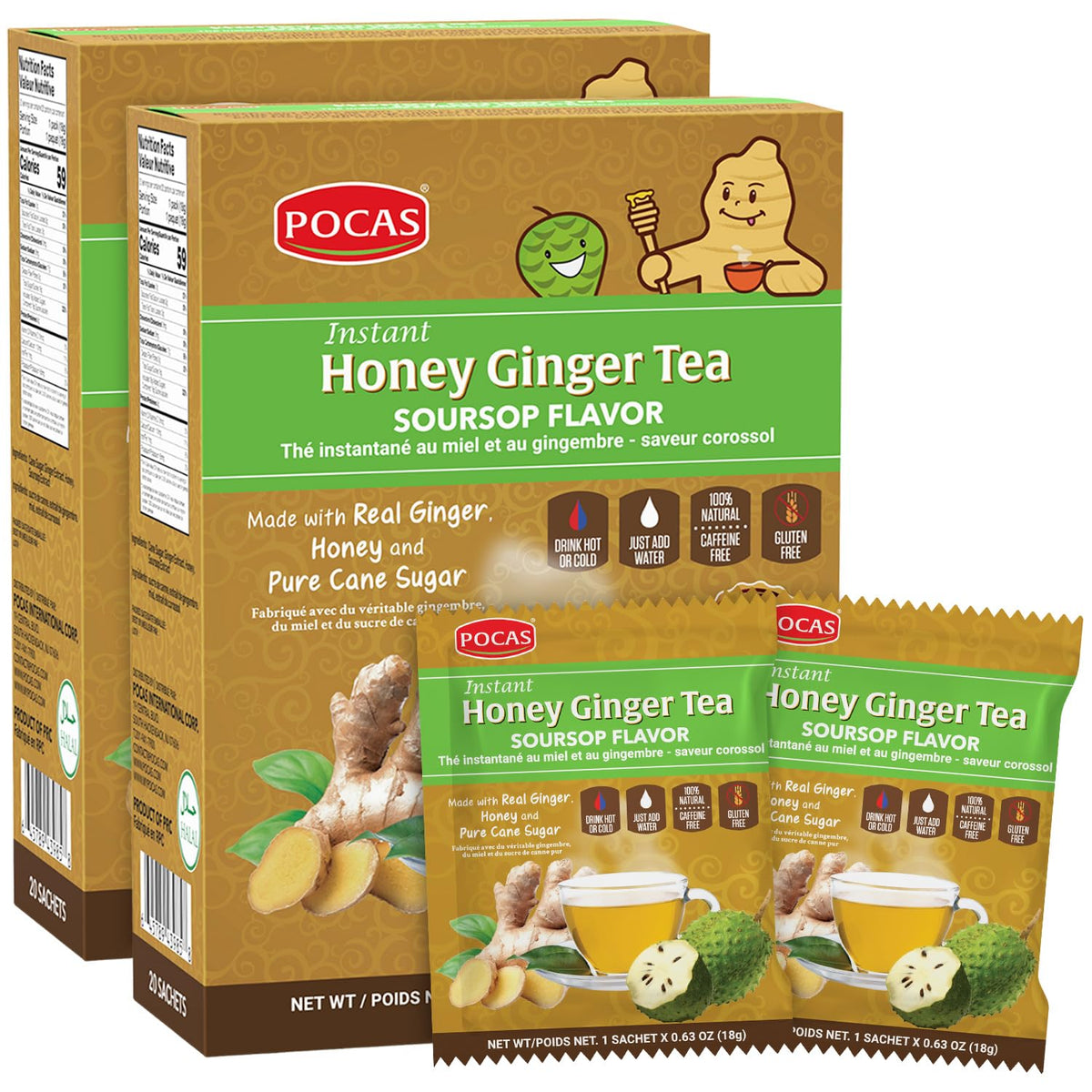 Pocas Honey Ginger Tea Crystals in box, convenient daily ritual.