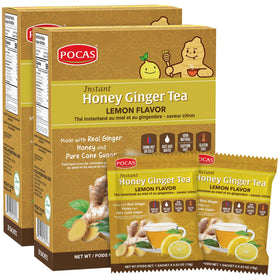 Pocas honey ginger tea crystals dissolving in hot water with lemon aroma