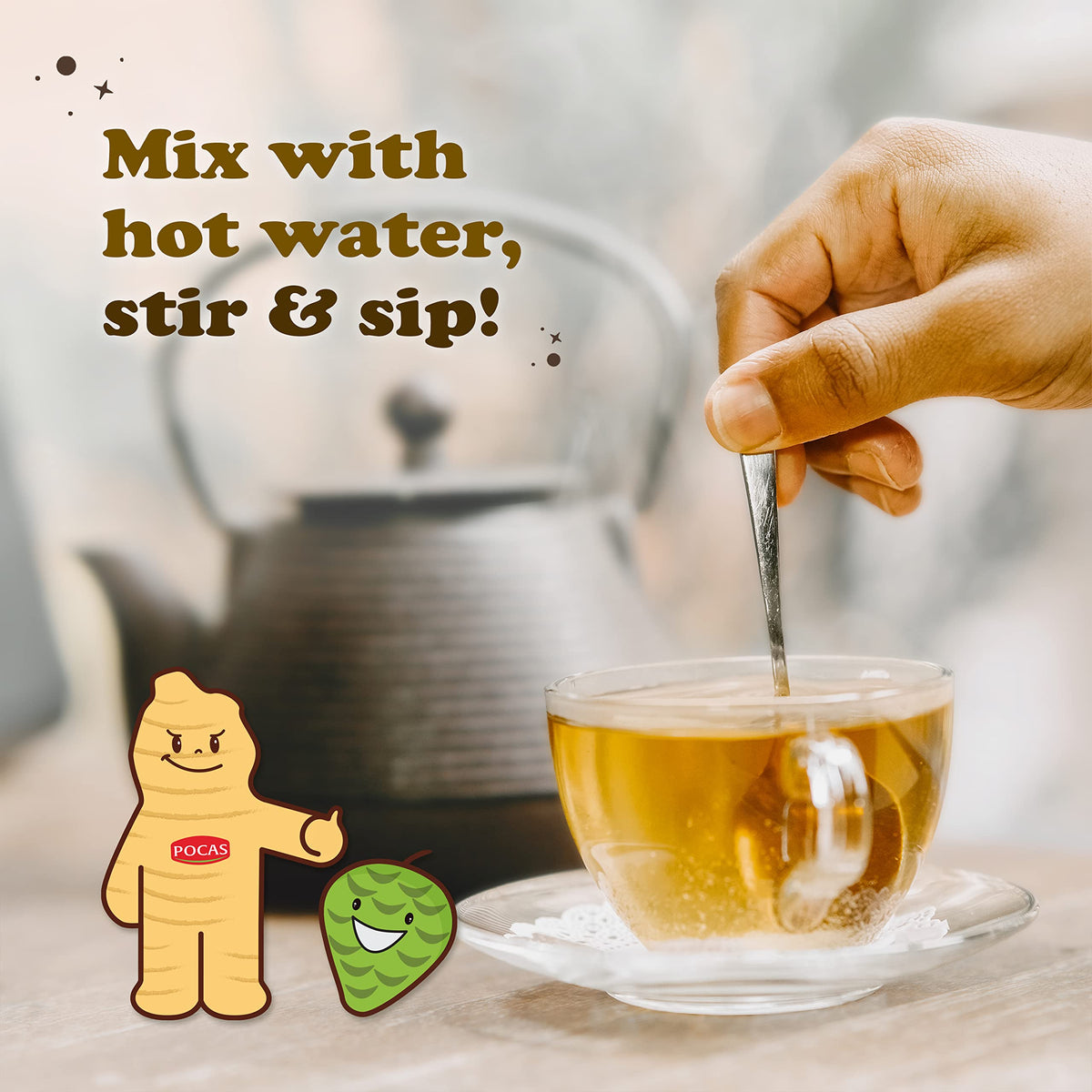 Pocas Honey Ginger Tea Crystals highlighting soursop ingredients.