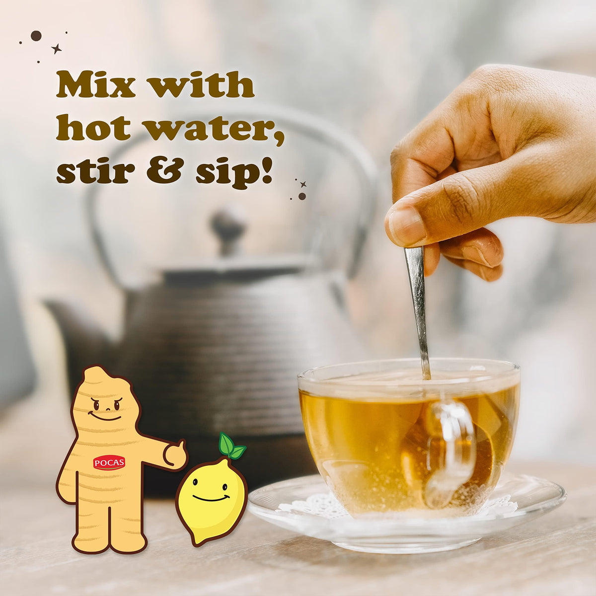 Pocas Honey Ginger Tea in a cup with lemon ready to sip for easy warmth.