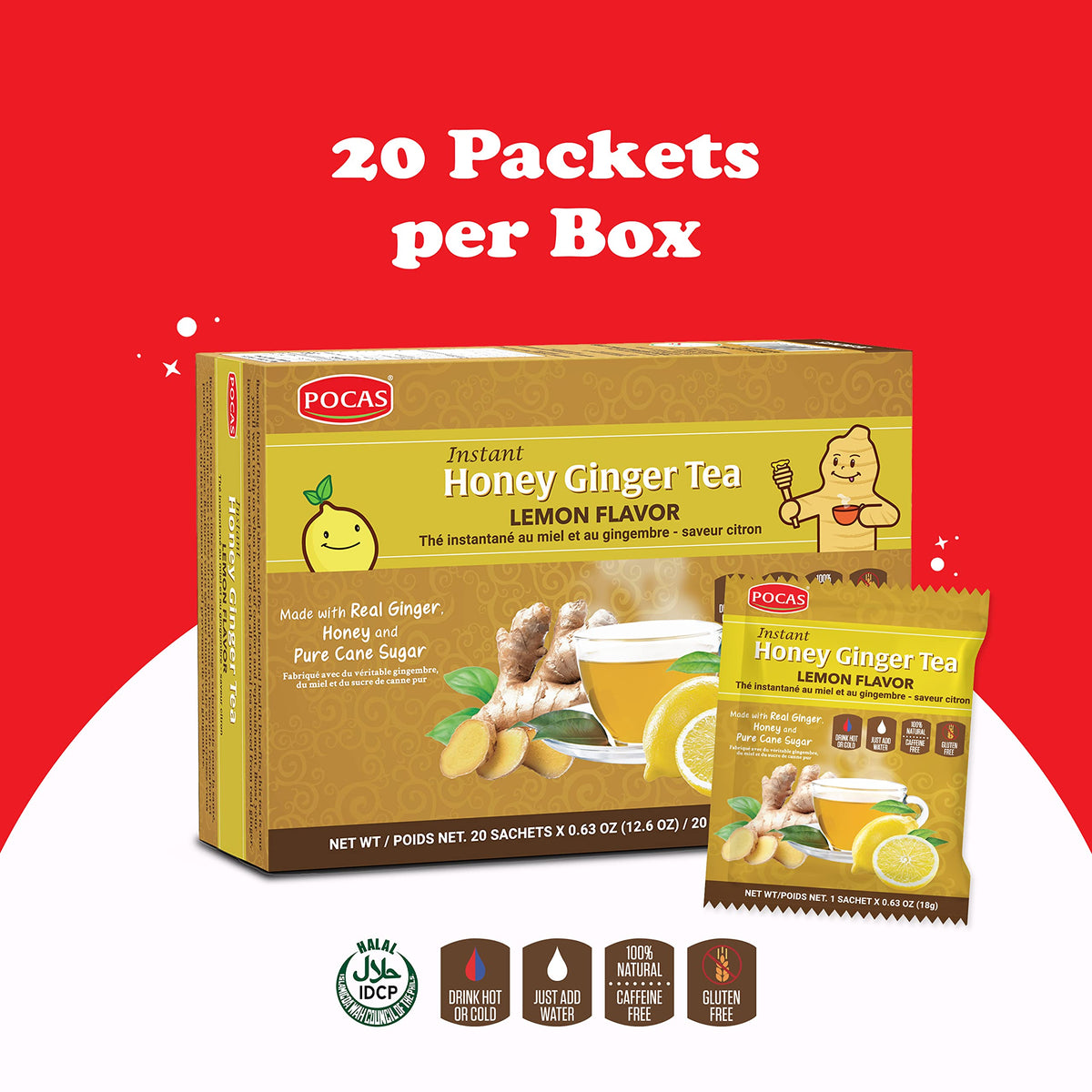 Pocas honey ginger tea cup with steam, convenient caffeine-free refreshment