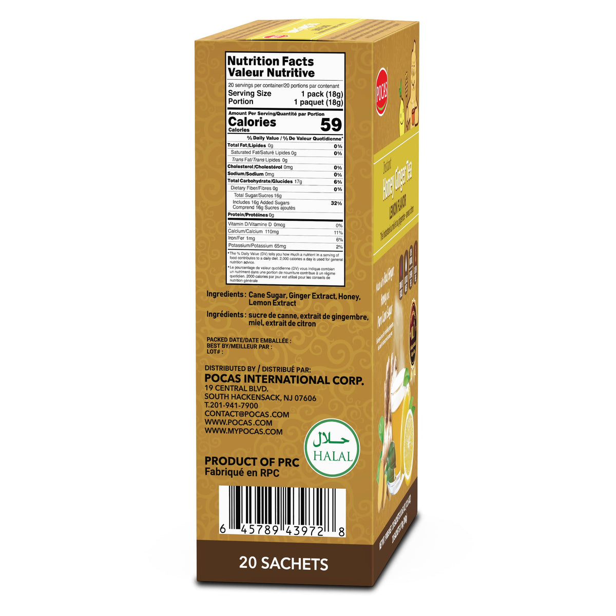 Pocas honey ginger tea packets showing lemon flavor for easy prep