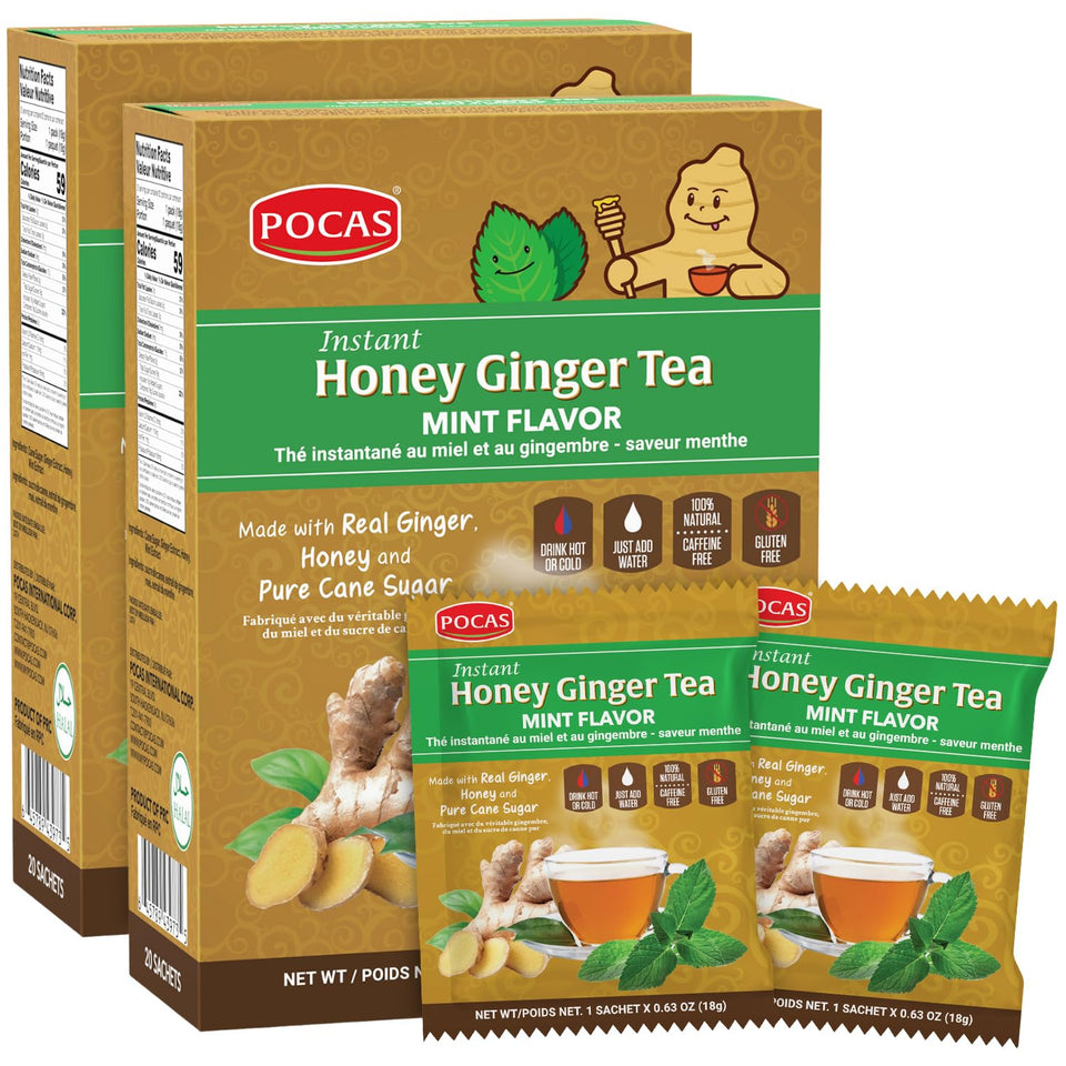 Pocas Honey Ginger Tea Powder mint flavor box ready for quick, caffeine-free cups