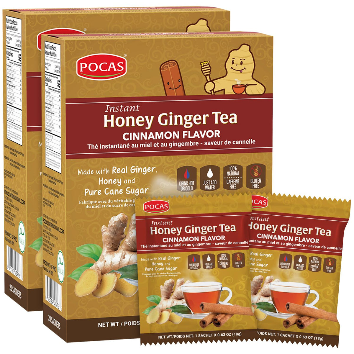 Pocas honey ginger tea crystals with cinnamon in packaging for quick comfort