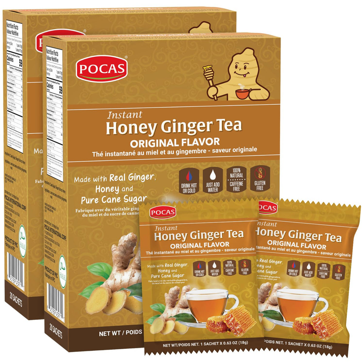 Pocas honey ginger tea powder packets ready to mix for quick warmth.
