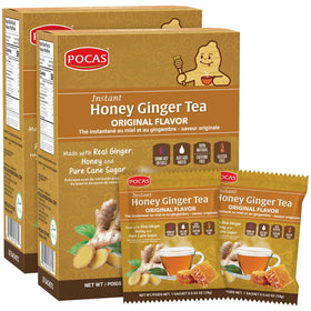 Pocas honey ginger tea powder packets ready to mix for quick warmth.
