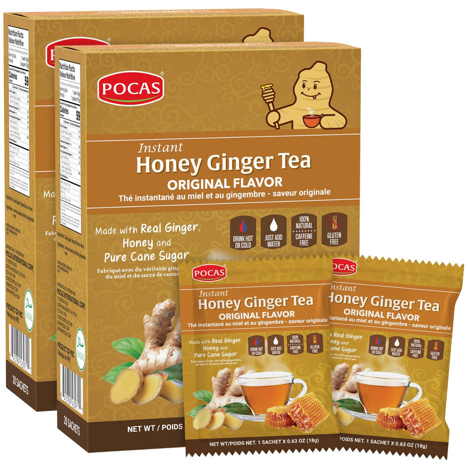 Pocas honey ginger tea powder packets ready to mix for quick warmth.