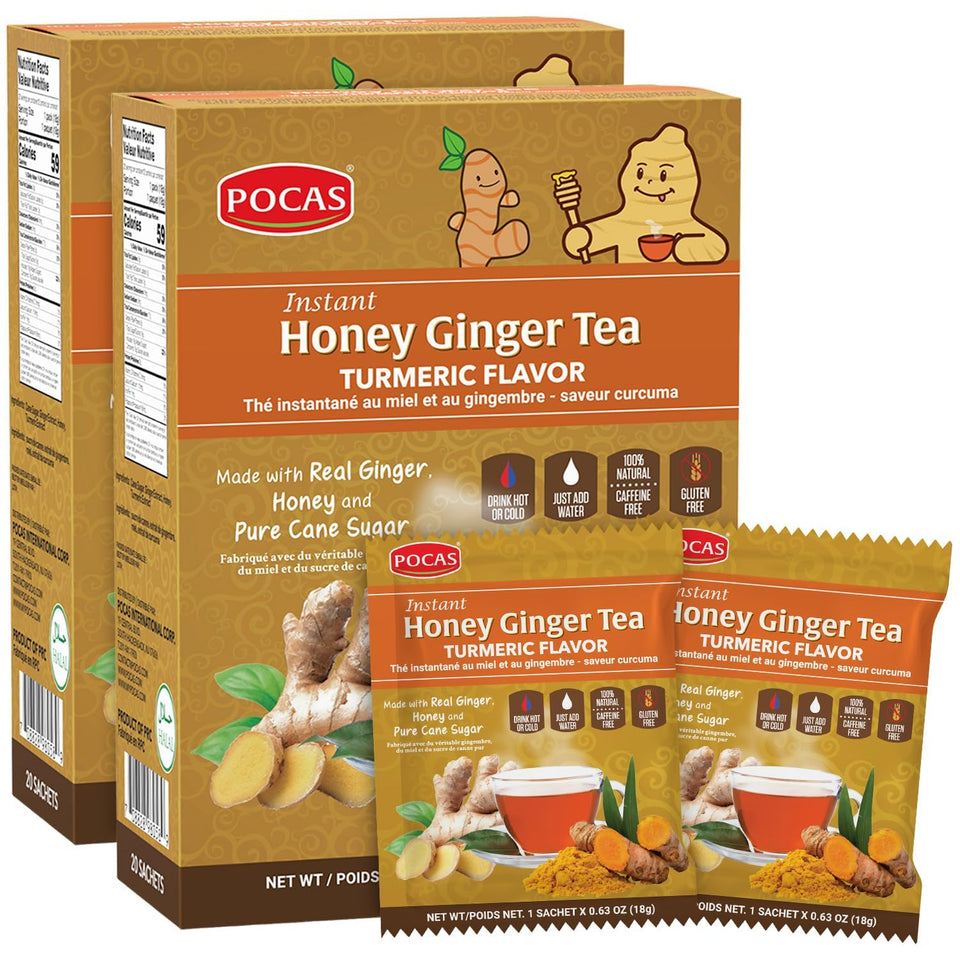 Pocas Honey Ginger Turmeric Tea Box Front, ready-to-brew for a quick caffeine-free cup
