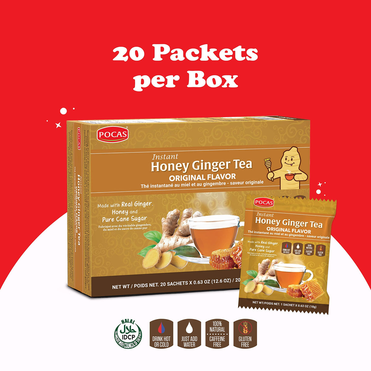 Pocas cup of honey ginger tea steaming warmly.