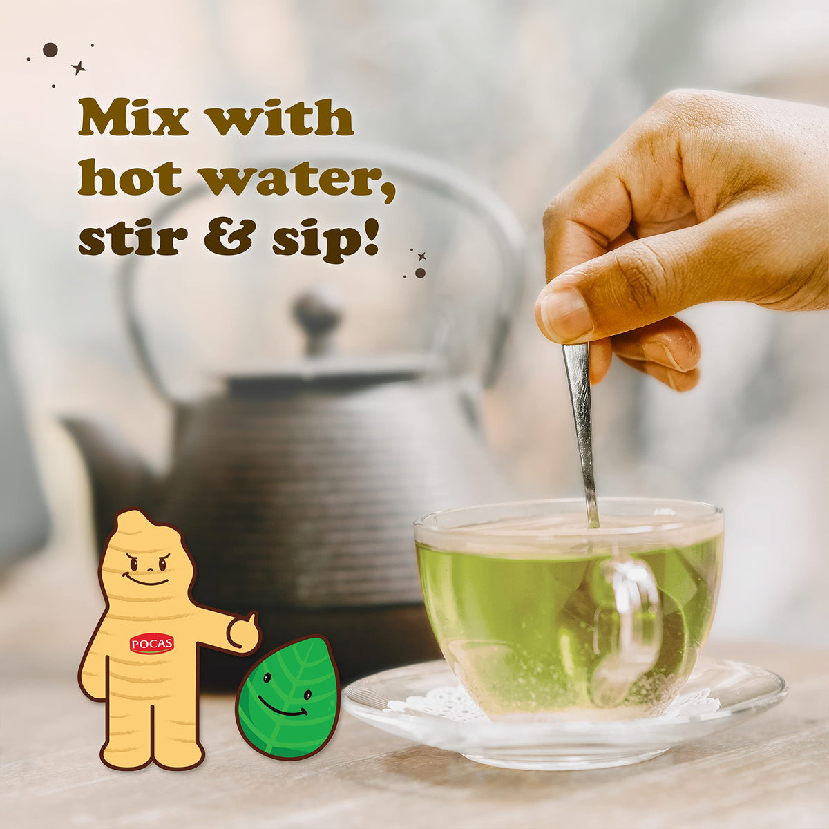 Pocas instant tea mix that dissolves quickly in hot or cold water.