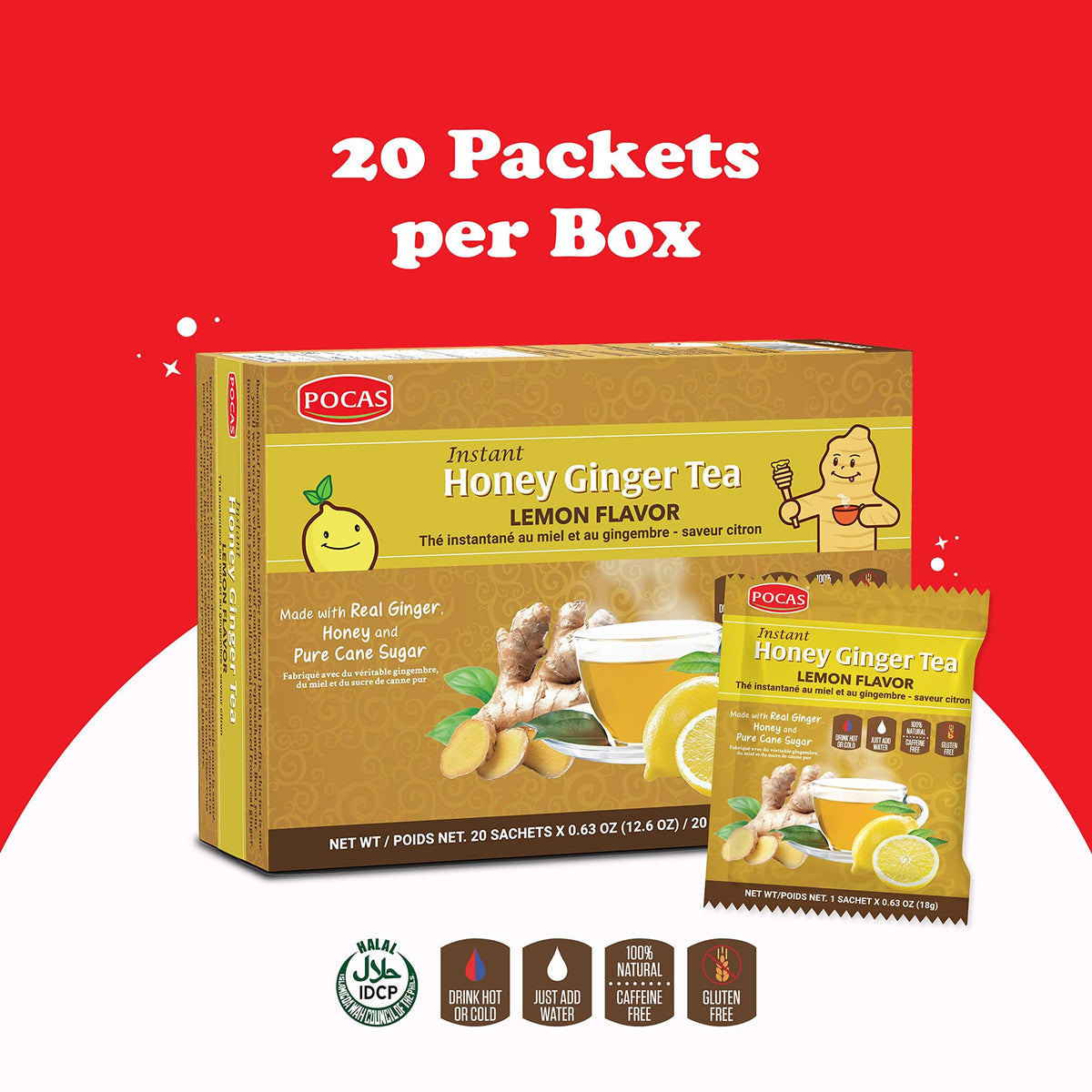 Pocas instant tea powder being spooned from a packet for quick, convenient prep.
