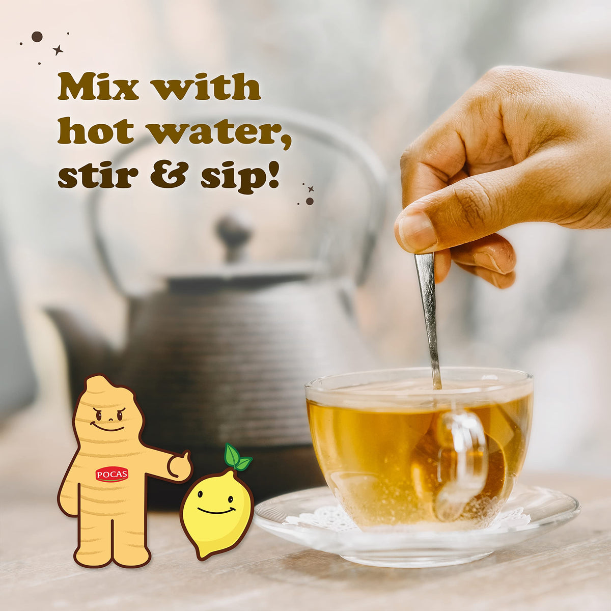 Pocas steaming cup of honey ginger tea with a bright lemon aroma.