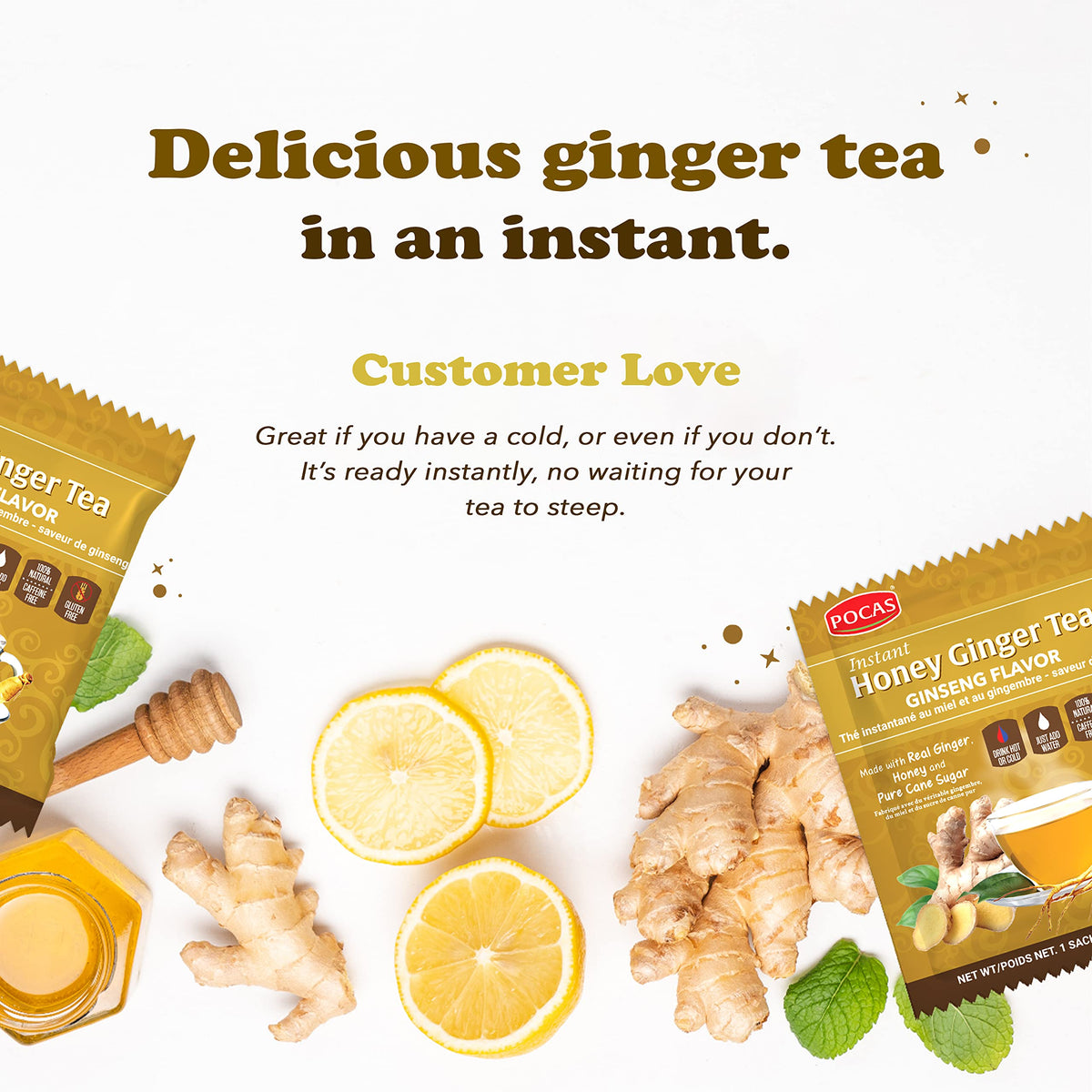 Steaming cup of Pocas honey ginger tea prepared for a relaxing moment