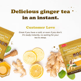 Steaming cup of Pocas honey ginger tea prepared for a relaxing moment