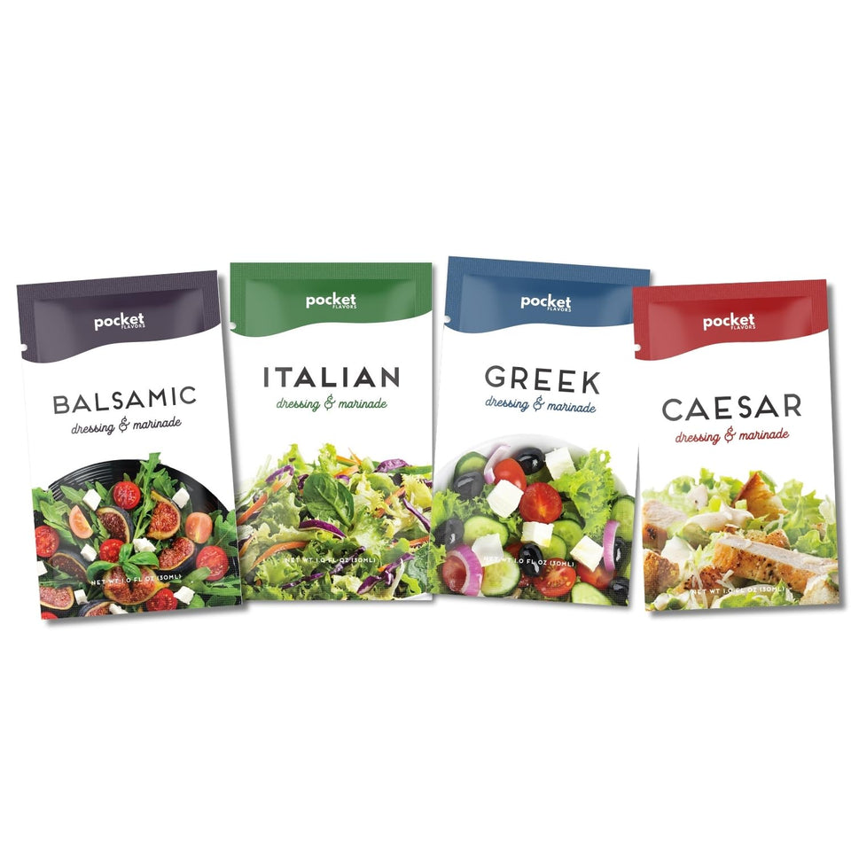 Pocket Flavors Balsamic dressing pouch ready to brighten salads with a light, low-calorie option