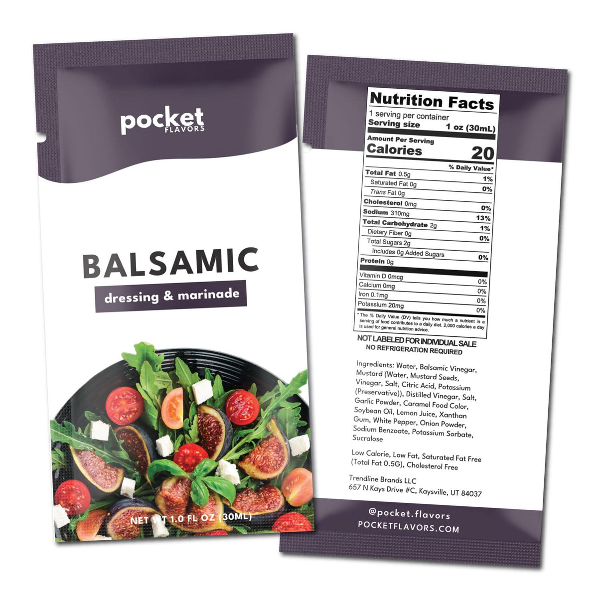 Pocket Flavors friendly dressing tear-top pouch for single-serve convenience.