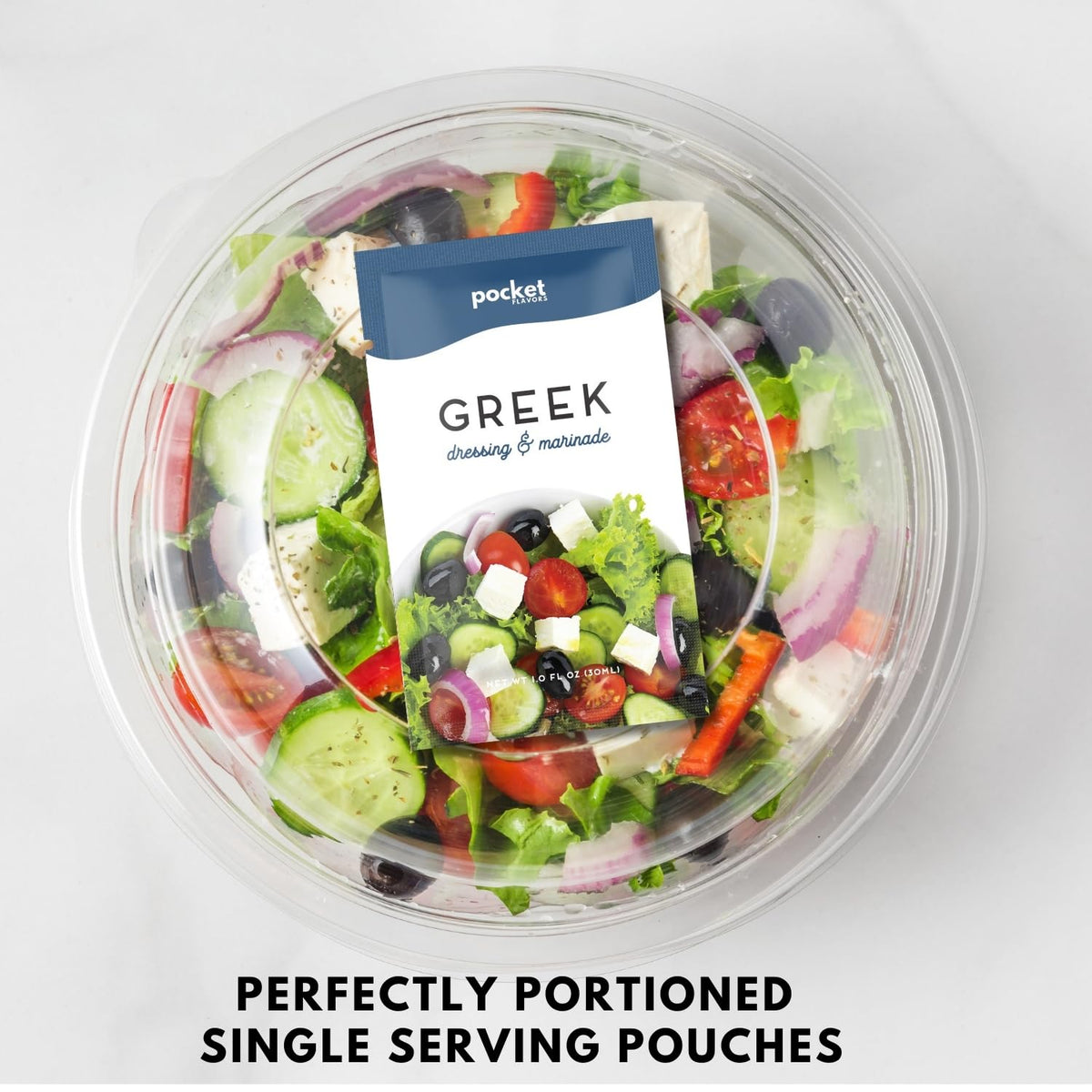 Pocket Flavors Greek dressing pouch delivers vibrant oregano and lemon on crisp greens