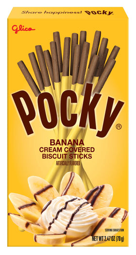 Pocky banana chocolate coating close-up shows creamy filling and crisp texture.