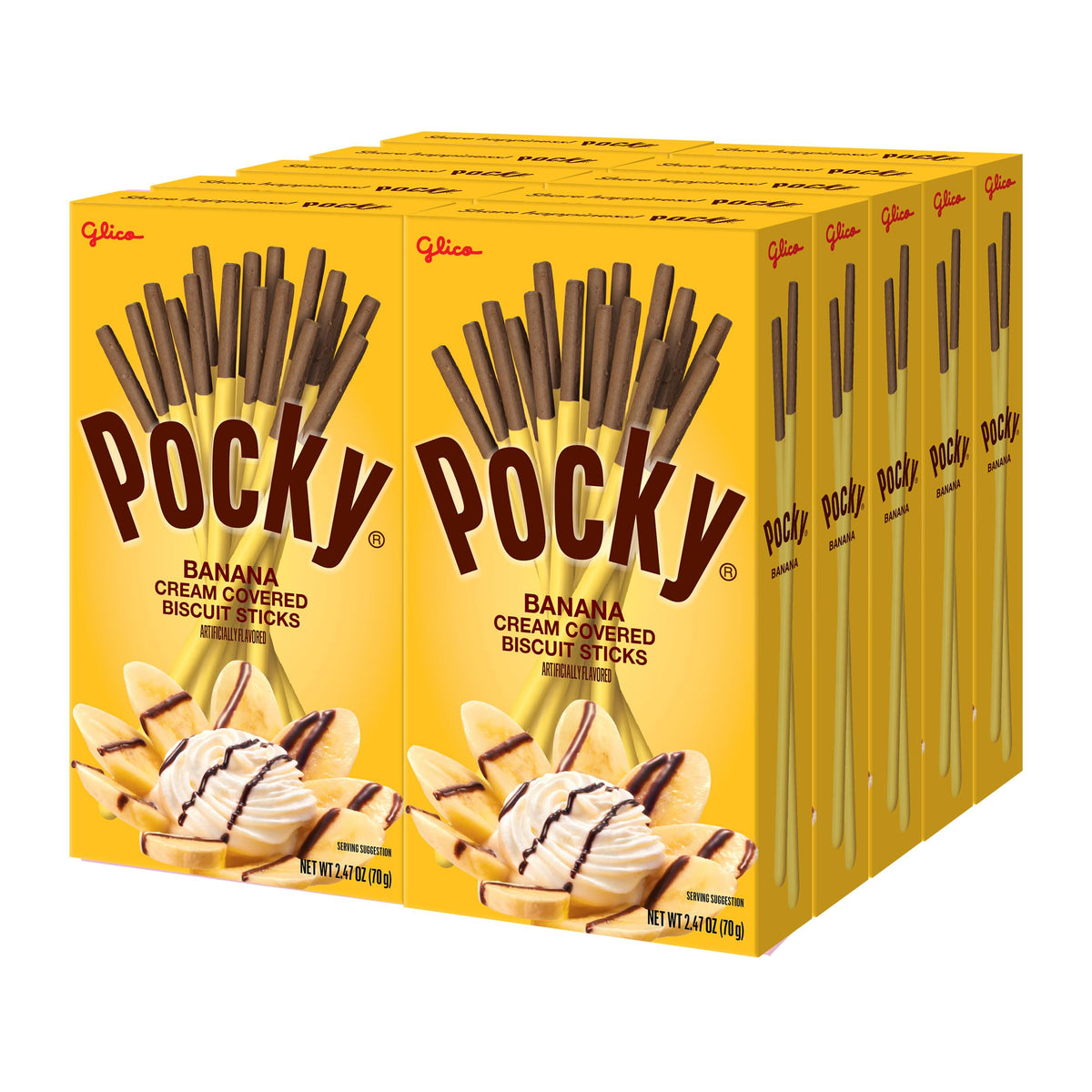 Pocky chocolate banana biscuit sticks display box, ideal for sharing.