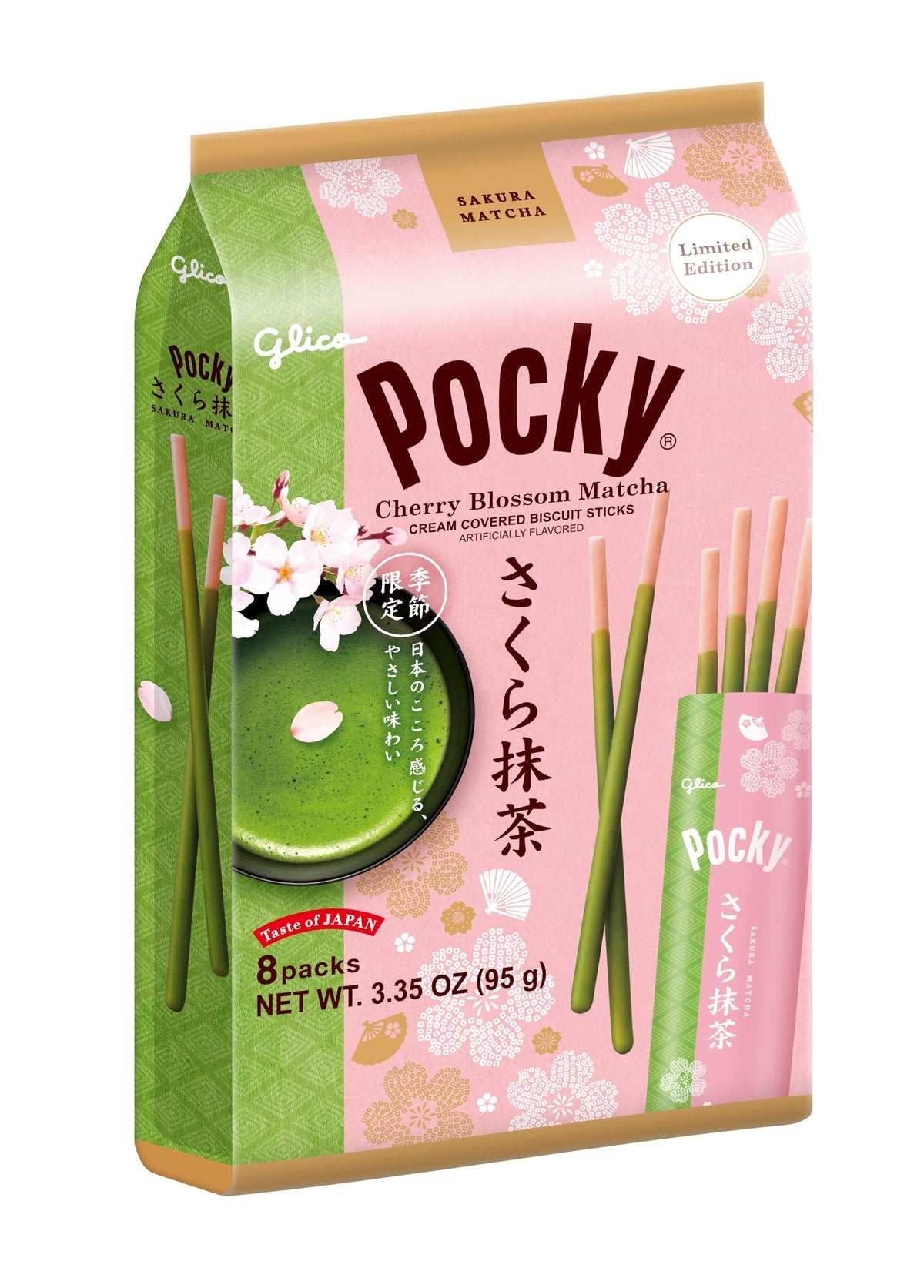 Pocky Cherry Blossom Matcha sticks close-up, creamy coating ideal with tea.