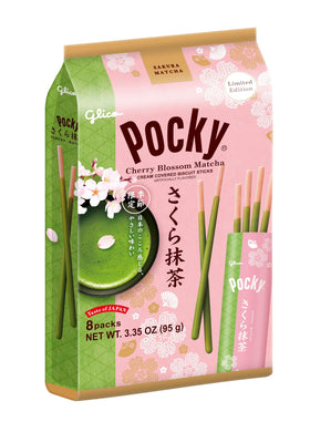 Pocky Cherry Blossom Matcha sticks close-up, creamy coating ideal with tea.