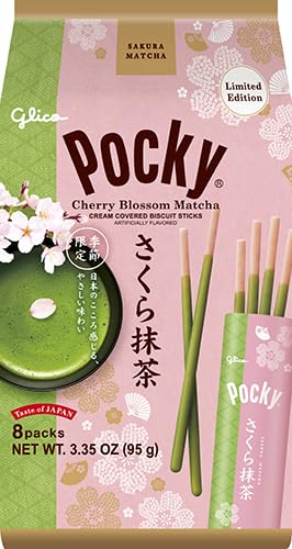 Pocky Cherry Blossom Matcha packaging display, ideal spring gift and tea-time companion.