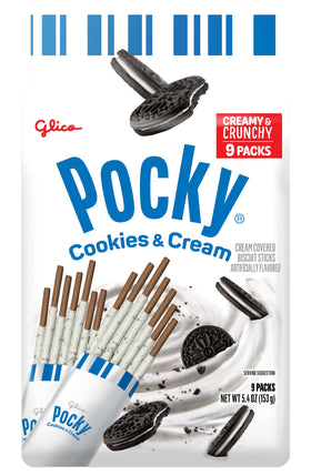 Pocky Cookies & Cream nine pouches inside enable convenient portion control on the go.