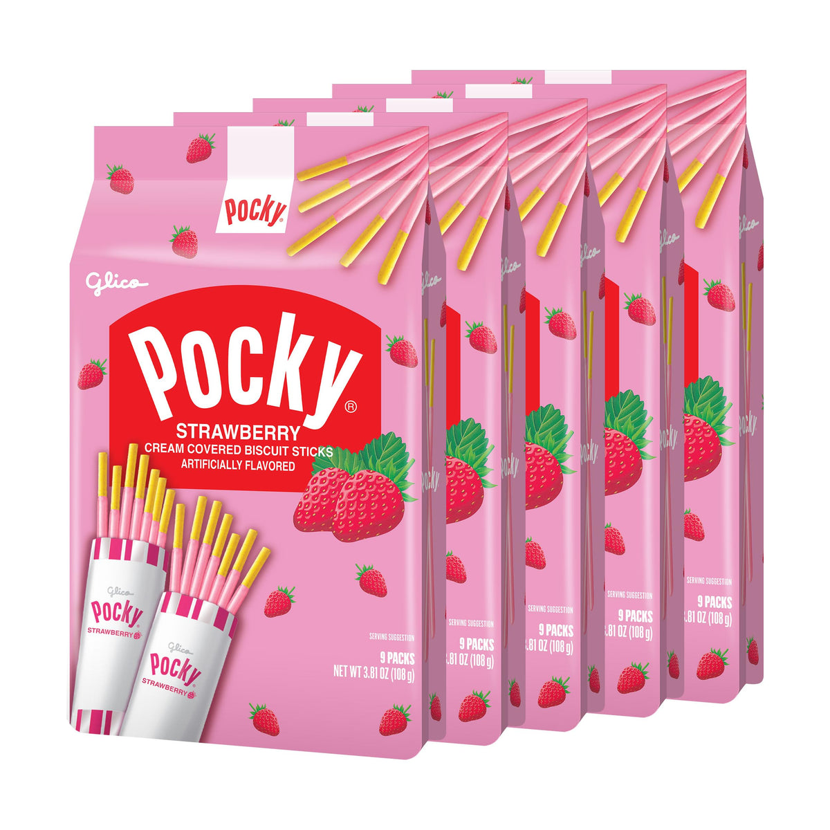 Pocky Strawberry family size bags with five packs for easy sharing.