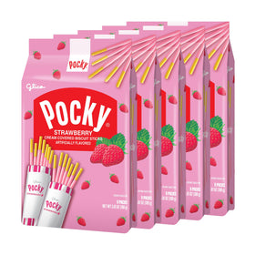 Pocky Strawberry family size bags with five packs for easy sharing.