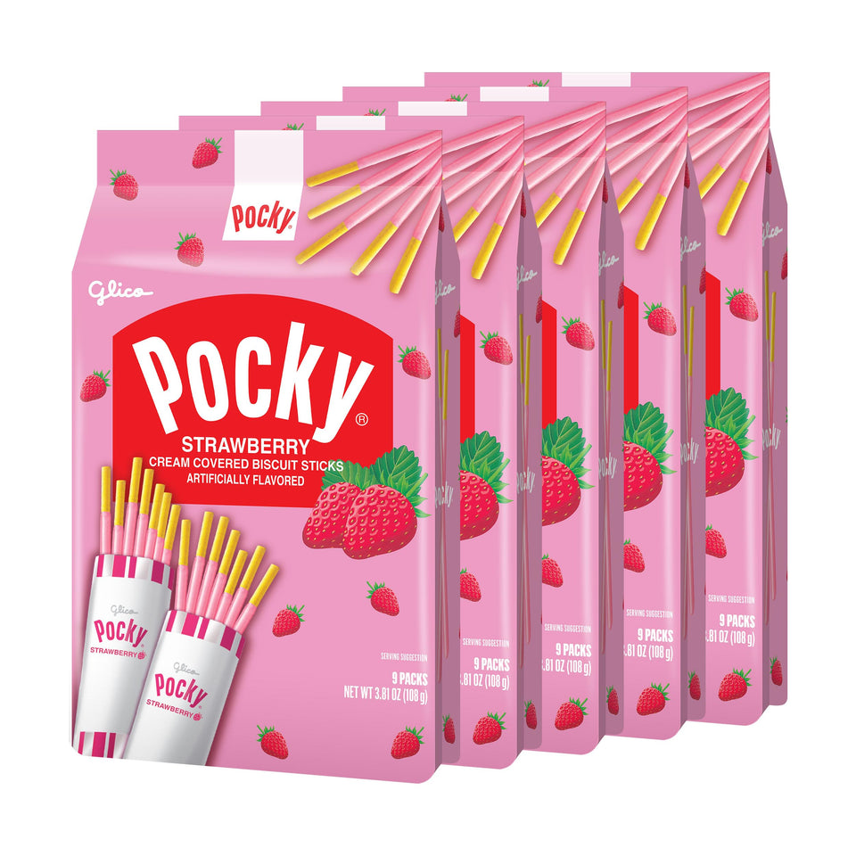 Pocky Strawberry family size bags with five packs for easy sharing.